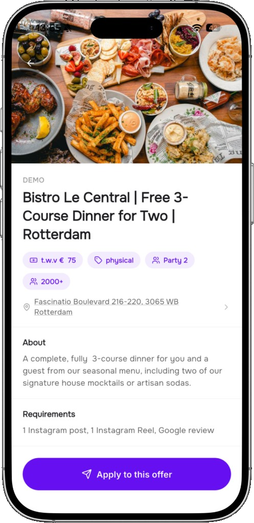 Swap Society-app — dealdetails en solliciteren