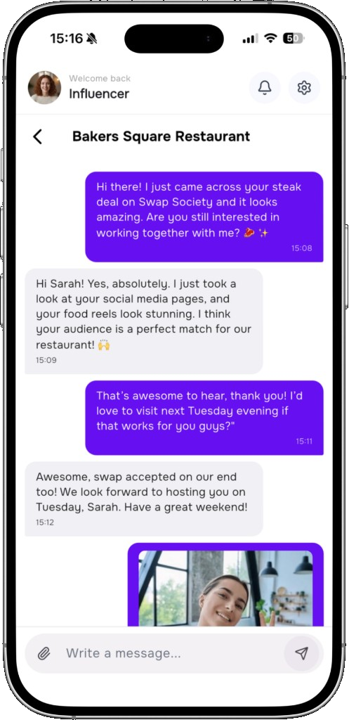 Swap Society-app — chat met een merk